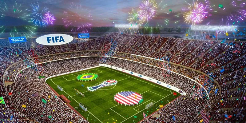GEHA Field im Arrowhead Stadium als Austragungsort der WM 2026 in Kansas City, mit FIFA-Branding und Feuerwerk