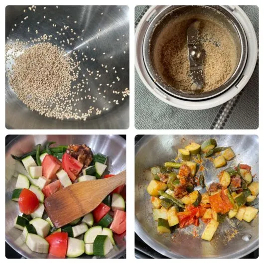 Gehackte Zucchini und Tomaten köcheln in der Pfanne als erster Schritt zur Chutney-Zubereitung