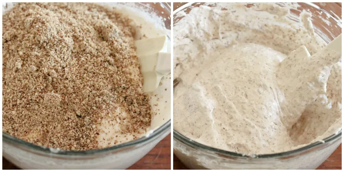 Gemahlene Haselnüsse unter die Makronenmasse heben