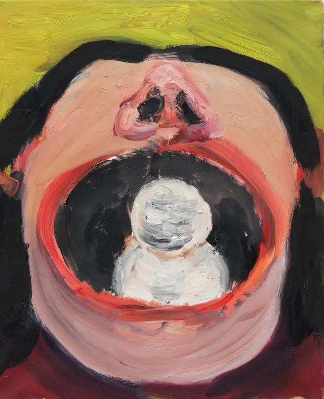 Gemälde eines Kopfes ohne Augen mit geöffnetem Mund, aus dem ein Bowlingkegel-ähnliches Gebilde ragt.