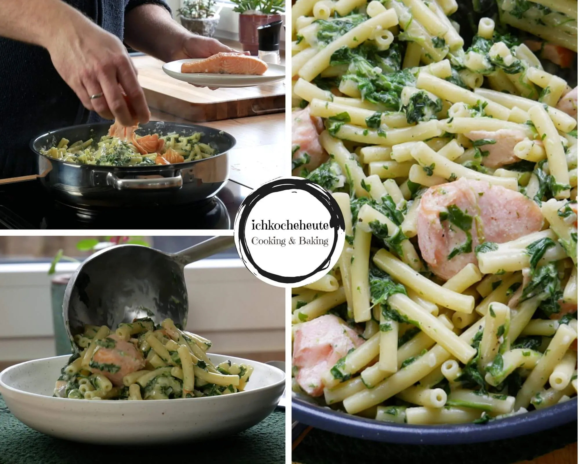 Geräucherter Lachs und Crème fraîche werden unter die fertige One Pot Pasta gerührt.