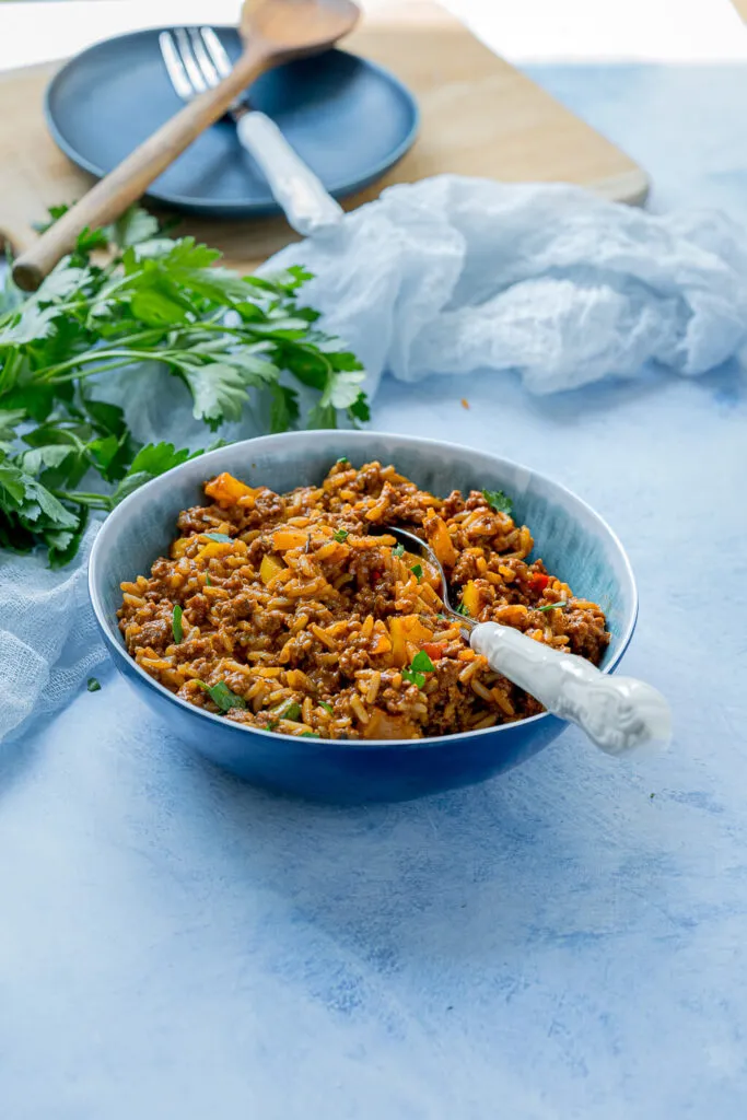 Gerichte mit Hackfleisch und Reis: Nahaufnahme des fertigen Eintopfs in der Pfanne