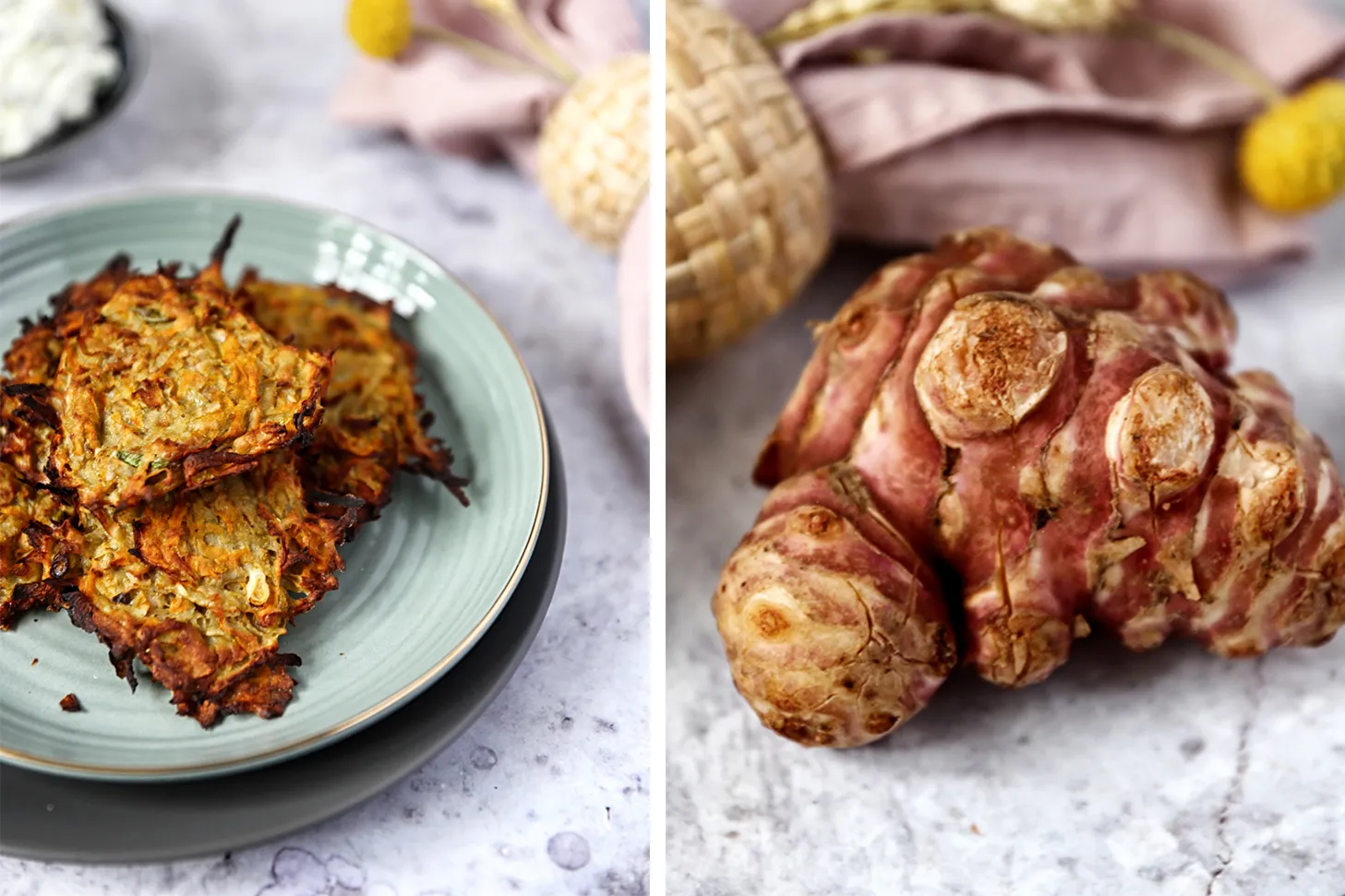 Geriebener Topinambur und Möhren mit Frühlingszwiebeln in einer Schüssel, bereit für die Zubereitung der Röstis.