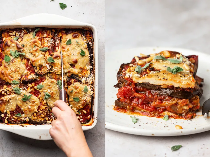 Geschnittenes veganes Auberginen-Parmigiana
