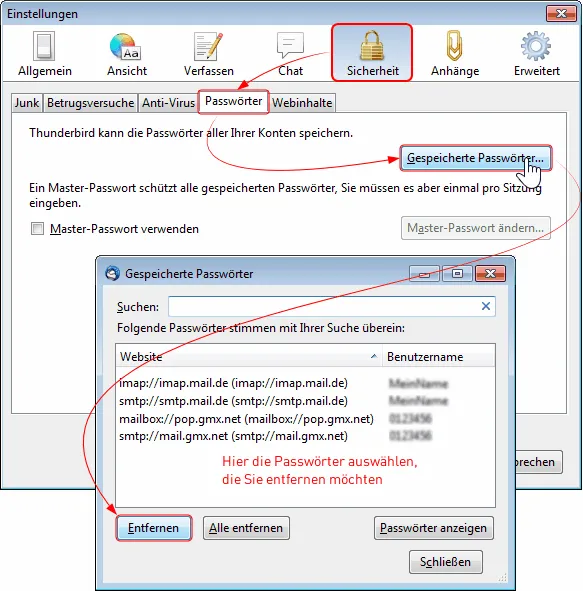 Gespeicherte Passwörter in Thunderbird löschen