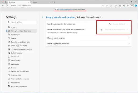 Gesperrte Standardsuchmaschine in Edge durch Gruppenrichtlinie