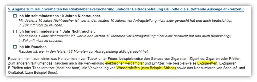 Gesundheitsfrage zum Rauchverhalten bei der Allianz DLVAG Risikolebensversicherung