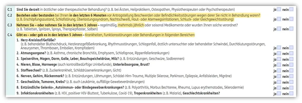 Gesundheitsfragen der ERGO Risikolebensversicherung, Frage C.2 zu Beschwerden und Befindlichkeitsstörungen