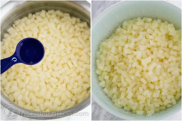 Gewürfelte Kartoffeln, gekocht und abgekühlt, eine Hauptzutat für Okroschka-Suppe.