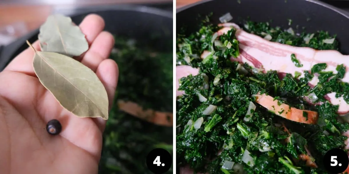 Gewürze für Grünkohl. Hinzufügen von Schinken zum Grünkohl.