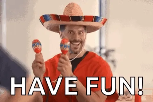 GIF eines tanzenden Charakters mit Sombrero und Maracas, der Spaß hat
