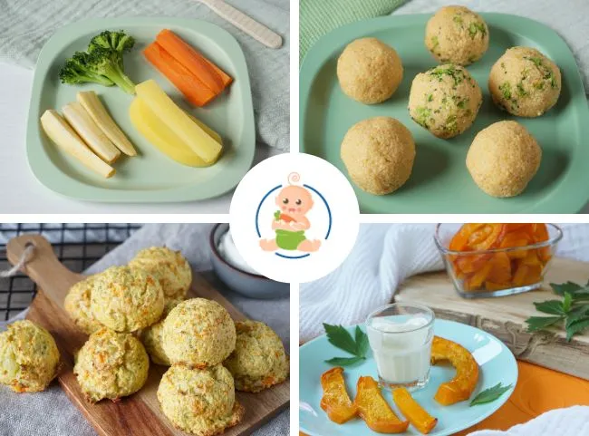 Glückliches Baby beim selbstständigen Essen von Fingerfood nach der Baby Led Weaning Methode