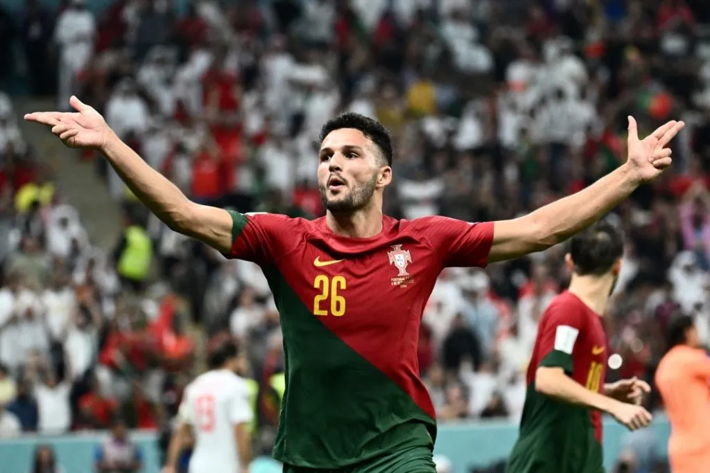 Goncalo Ramos von Portugal feiert einen Hattrick im Achtelfinale der WM 2022 gegen die Schweiz im Lusail-Stadion.