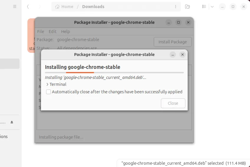 Google Chrome Installation über GDebi läuft