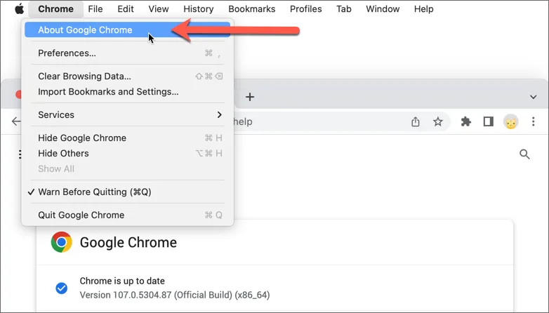 Google Chrome &quot;Über Google Chrome&quot;-Fenster, das den Browser-Update-Status anzeigt