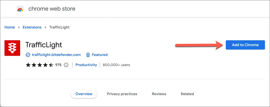 Google Chrome Web Store Seite für TrafficLight mit dem Button &quot;Zu Chrome hinzufügen&quot; zur direkten Installation