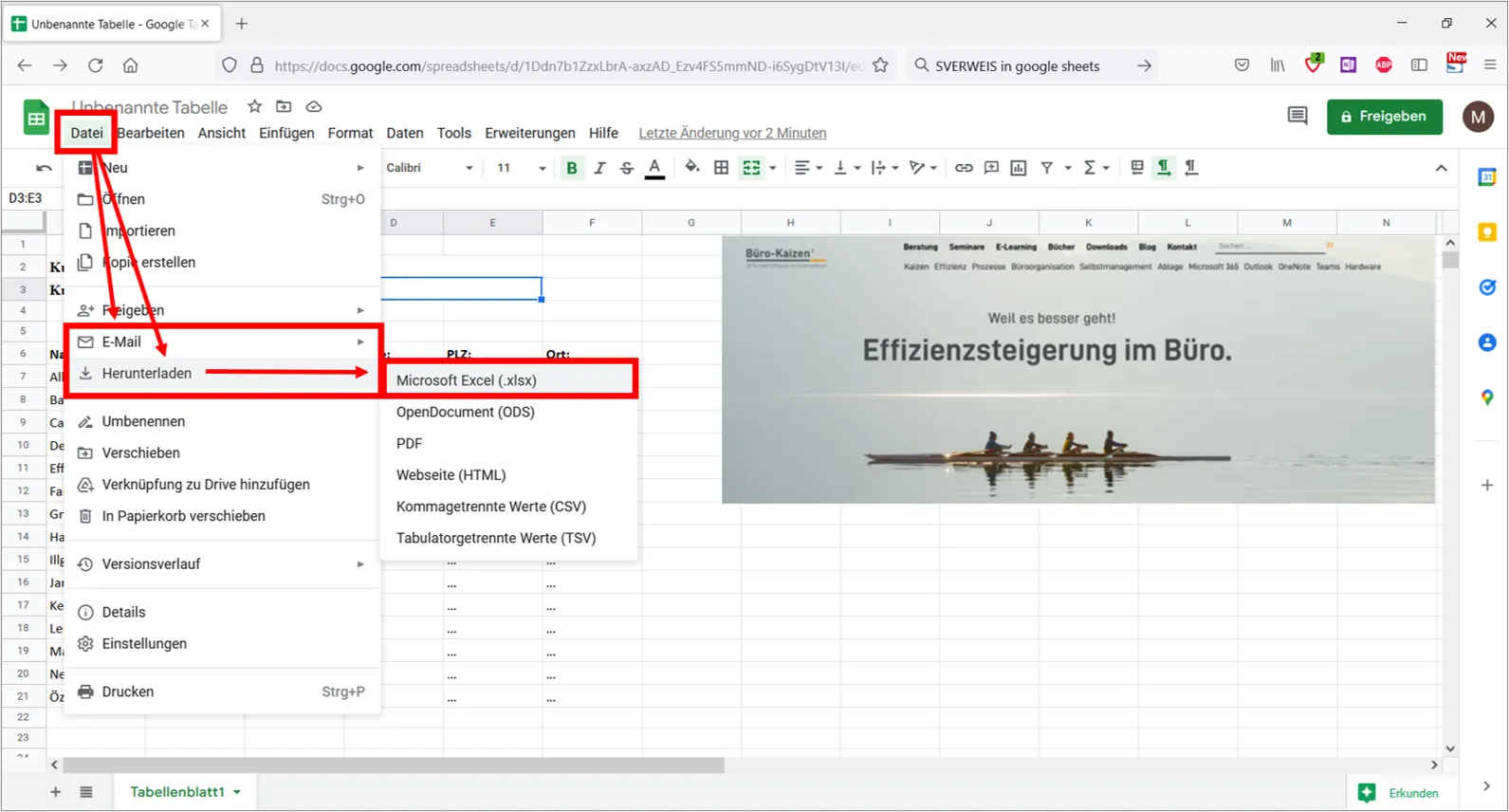 Google Sheets in Excel umwandeln: Menüoption 'Herunterladen als' in der Sheets-App