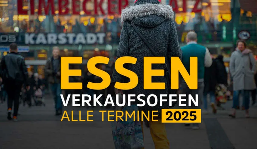 Grafik der Essener Skyline bei Sonnenuntergang mit Ankündigung der verkaufsoffenen Sonntage 2025 und einem Hinweis auf regionale kulinarische Entdeckungen