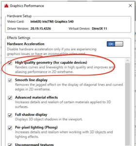 Grafikleistungseinstellungen in AutoCAD: Option &quot;Hohe Qualität der Geometrie&quot; deaktivieren zur Lösung des Linienproblems auf Surface Pro 8