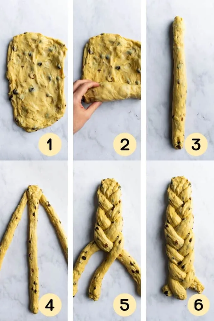 Grafische Schritt-für-Schritt-Anleitung zum Flechten eines dreisträngigen Hefezopfs für den Osterkranz.