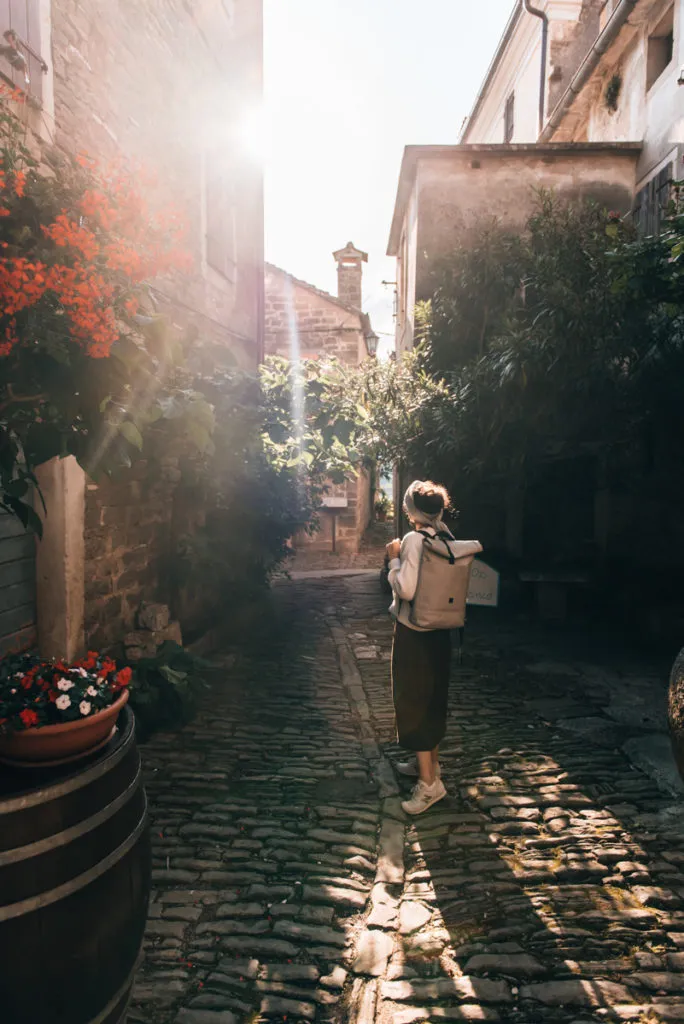 Groznjan Reisetipps: Ein Blick in eine Gasse von Groznjan mit alten Steinhäusern und Grünpflanzen