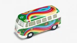 Grüne Bulli Spardose im Flower-Power-Design