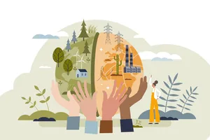 Grünes Blatt, das aus einem Zahnrad wächst, symbolisiert betrieblichen Umweltschutz und die Zusammenarbeit im Unternehmen