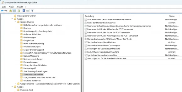 Gruppenrichtlinien zur Konfiguration einer Standardsuchmaschine in Google Chrome