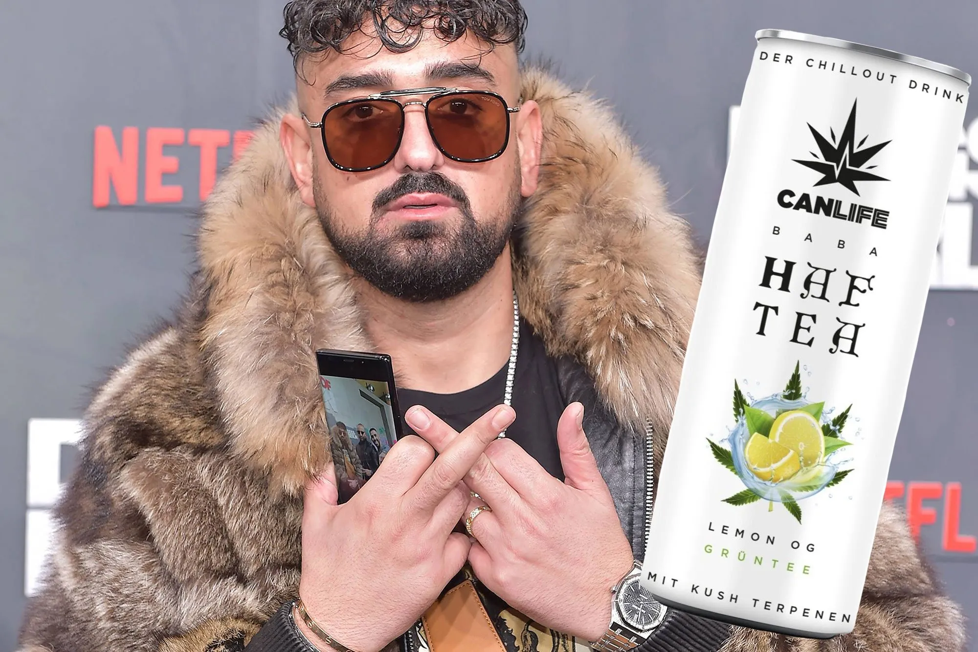 Haftbefehl bei der Premiere von „Dogs of Berlin“ und sein neuer Eistee.