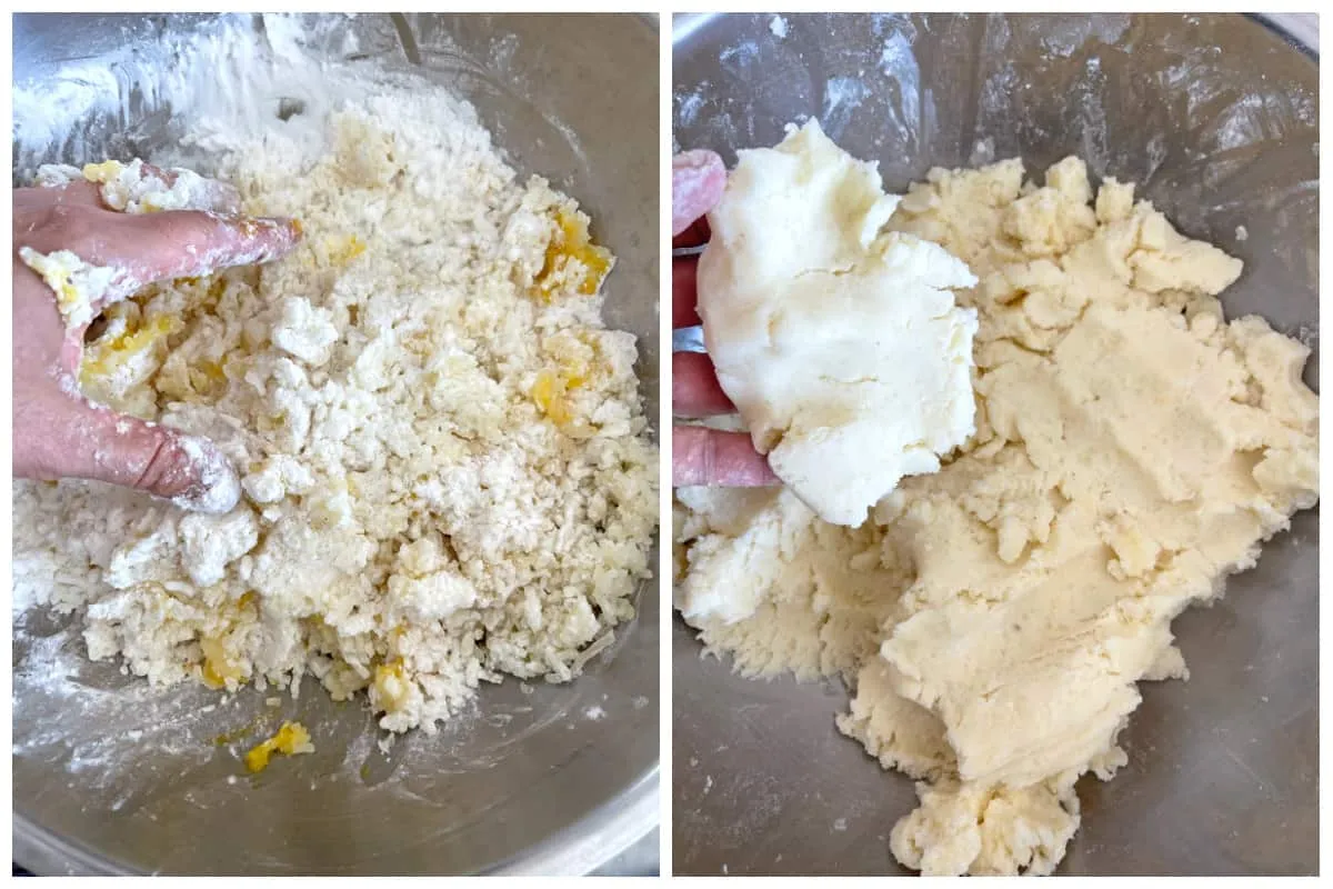 Hände kneten Kartoffelteig für traditionelle Klöße, eine wichtige Chefkoch-Rezeptidee