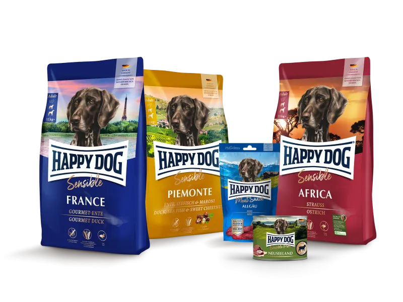 Happy Dog Sensible Hundefutterprodukte mit verschiedenen Geschmacksrichtungen wie Ente, Strauß und Lamm für anspruchsvolle Hunde