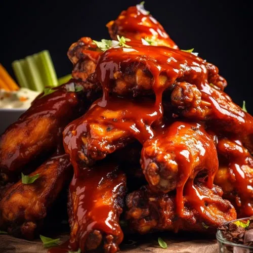 Haufen von Buffalo Wings mit viel roter Mexican Tears Chilisauce auf dunklem, rustikalem Hintergrund