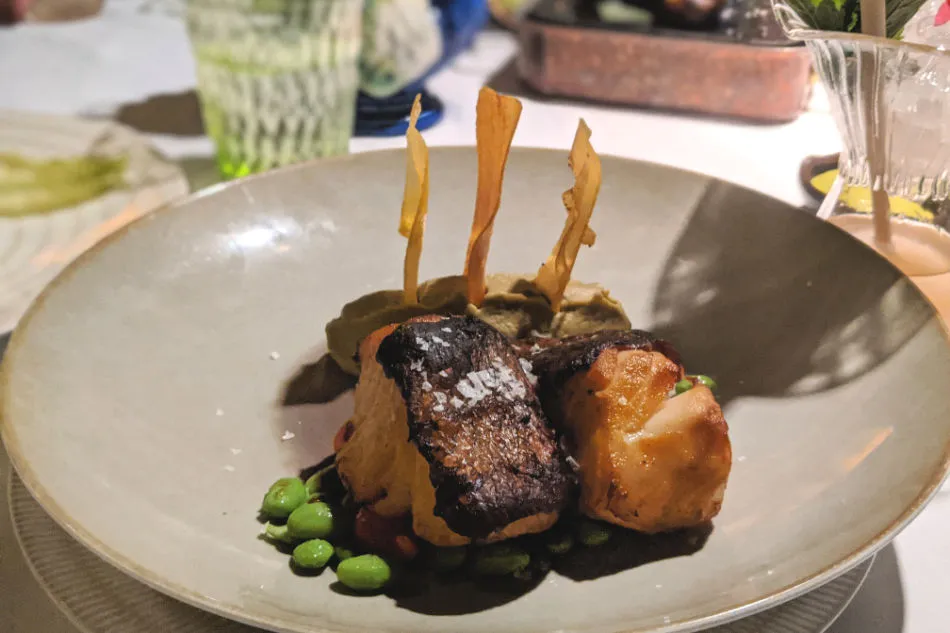 Hauptgericht Merluza Negra, Schwarzer Seehecht mit Gemüse und Chips, kunstvoll angerichtet