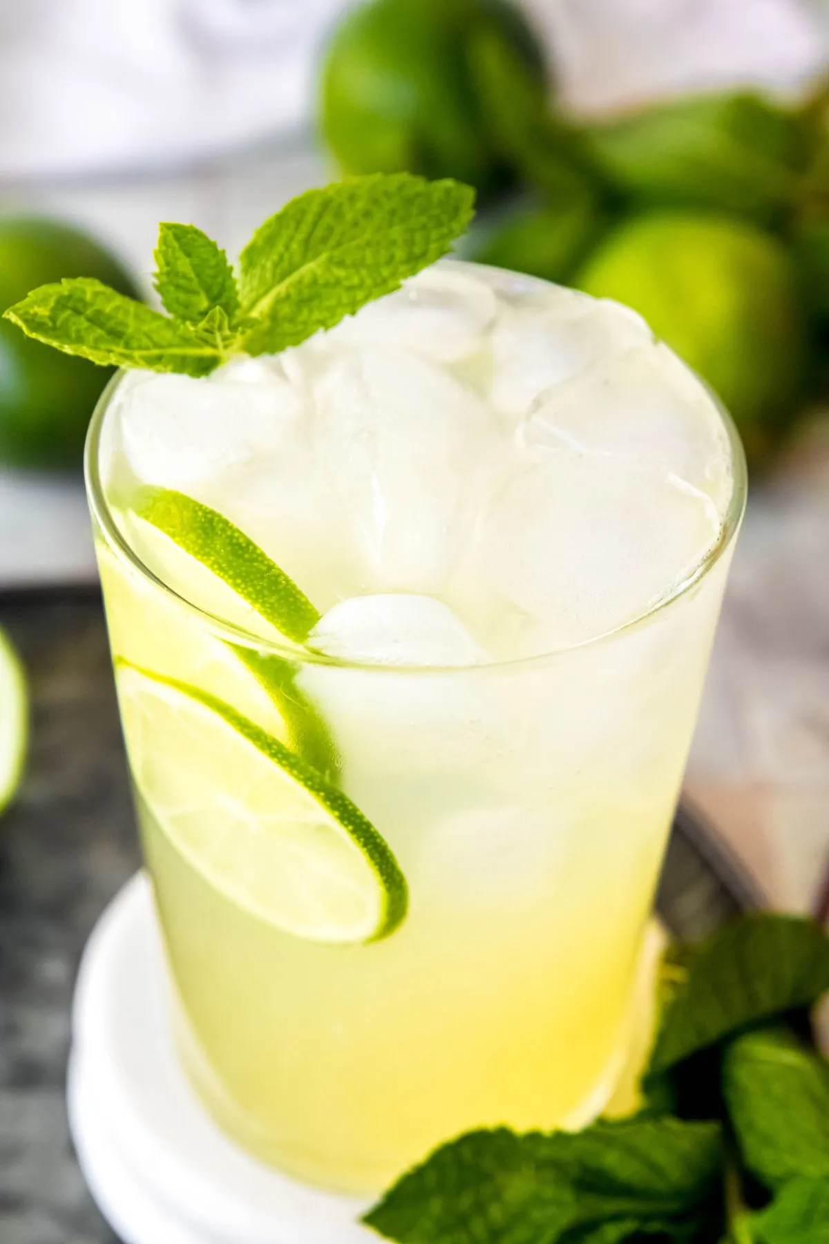 Hausgemachter Cool Lime Refresher auf einem Tablett, umgeben von frischen Limetten und Minze.