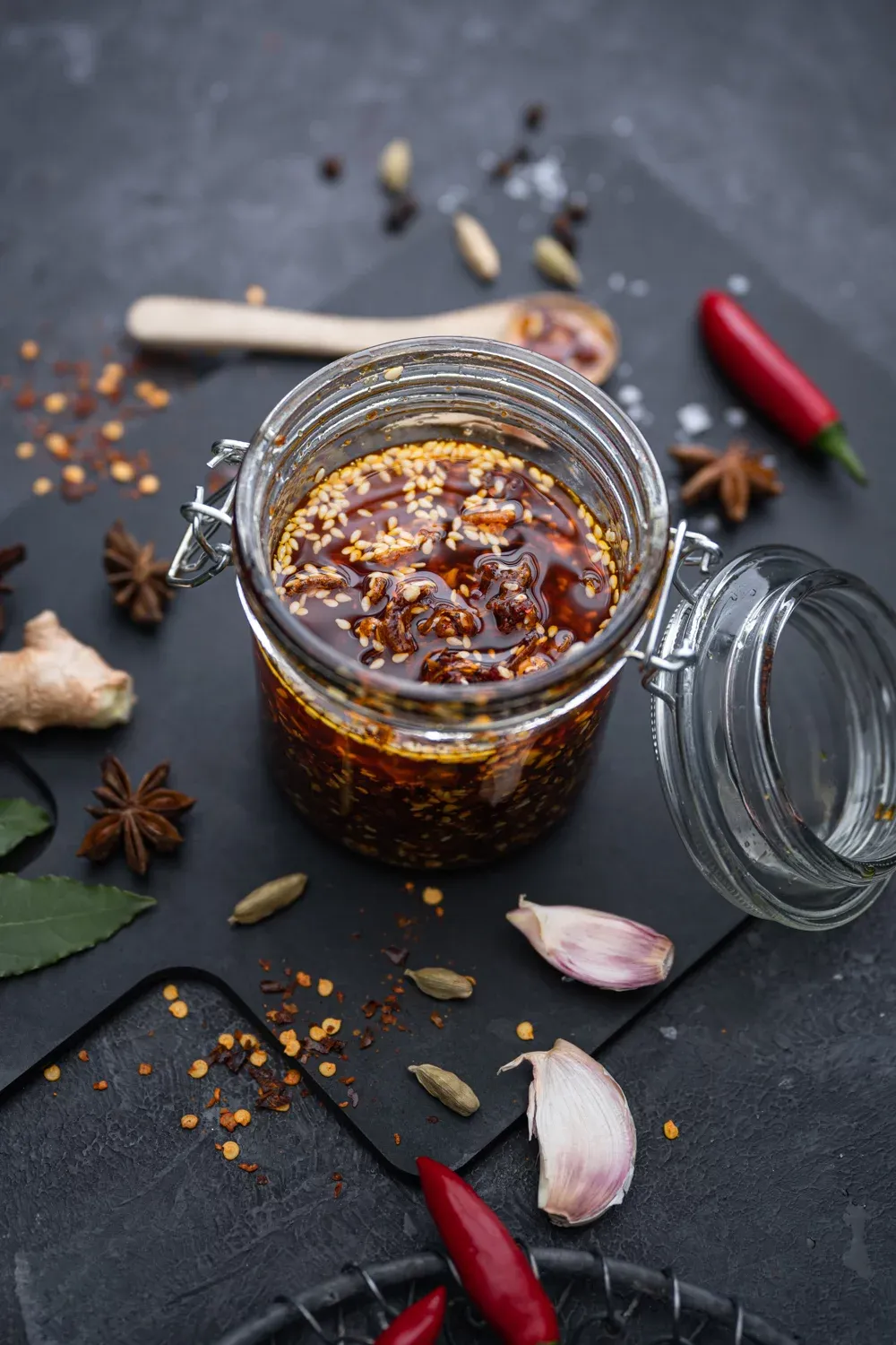 Hausgemachtes Chili Crisp Öl mit knusprigen Chili-Stücken und Gewürzen in einem Glas, perfekt als Würzmittel