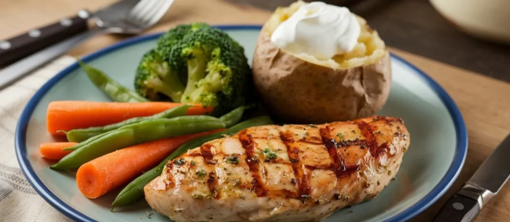 Herzhaftes deutsches Gericht mit gebratenem Fisch, Kartoffeln und gedünstetem Gemüse, reich an Kalorien und Nährstoffen