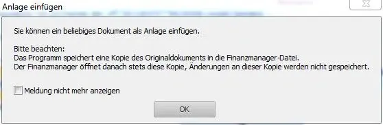 Hinweis Anlage zu Buchung - FinanzManager 2019
