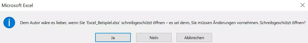 Hinweisfenster in Excel, das anbietet, die Datei schreibgeschützt zu öffnen
