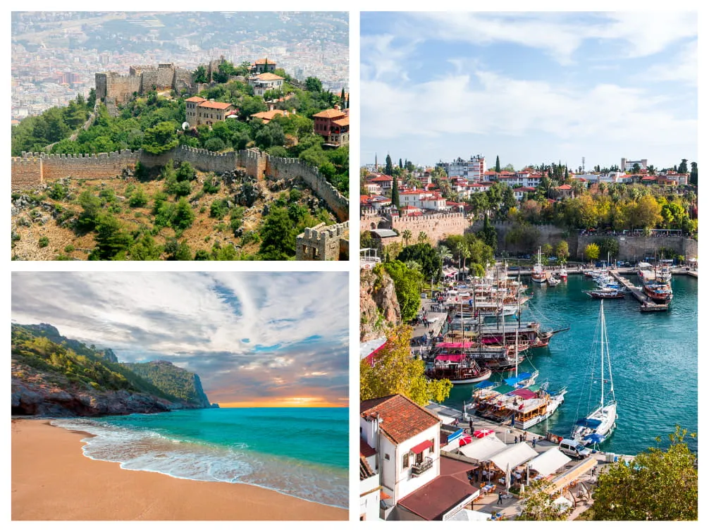 Historischer Burgberg von Alanya und der lebhafte Hafen von Antalya an der Türkischen Riviera, beliebte Reiseziele für einen sonnigen Strandurlaub im Juni.