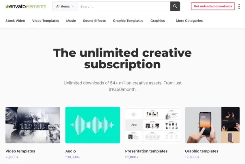 Homepage von Envato Elements mit einer Vielzahl kreativer Assets