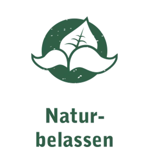 Icon mit Blatt und Text „Naturbelassen“ – naturbelassene Rezepturen ohne unnötige Zusätze.