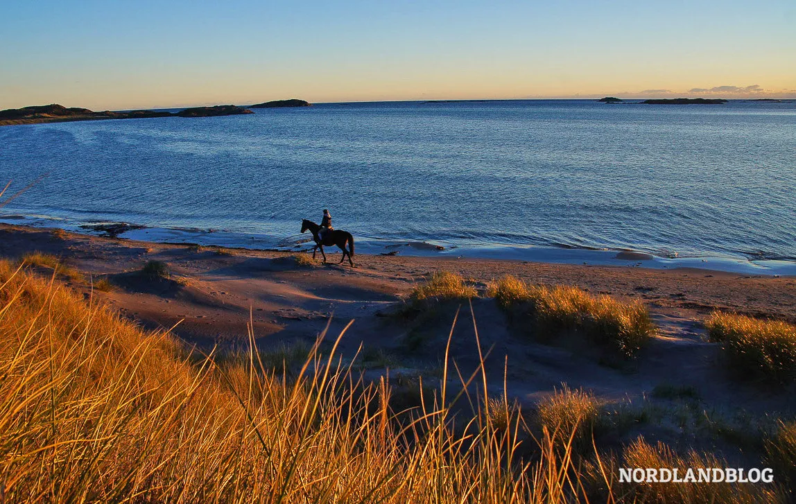 Idyllische Szene am Strand von Vanse in Südnorwegen, mit einer Reiterin im Abendlicht