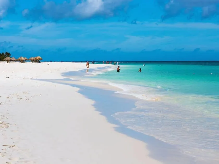 Idyllischer Eagle Beach auf Aruba mit Palmen und türkisblauem Meer