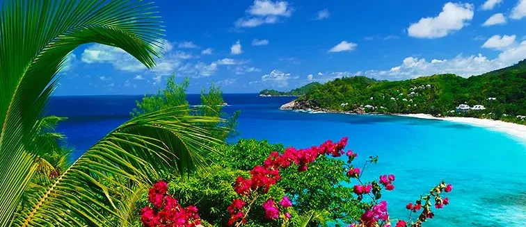 Idyllischer Strand auf Mahé, Seychellen, mit Granitfelsen und Palmen