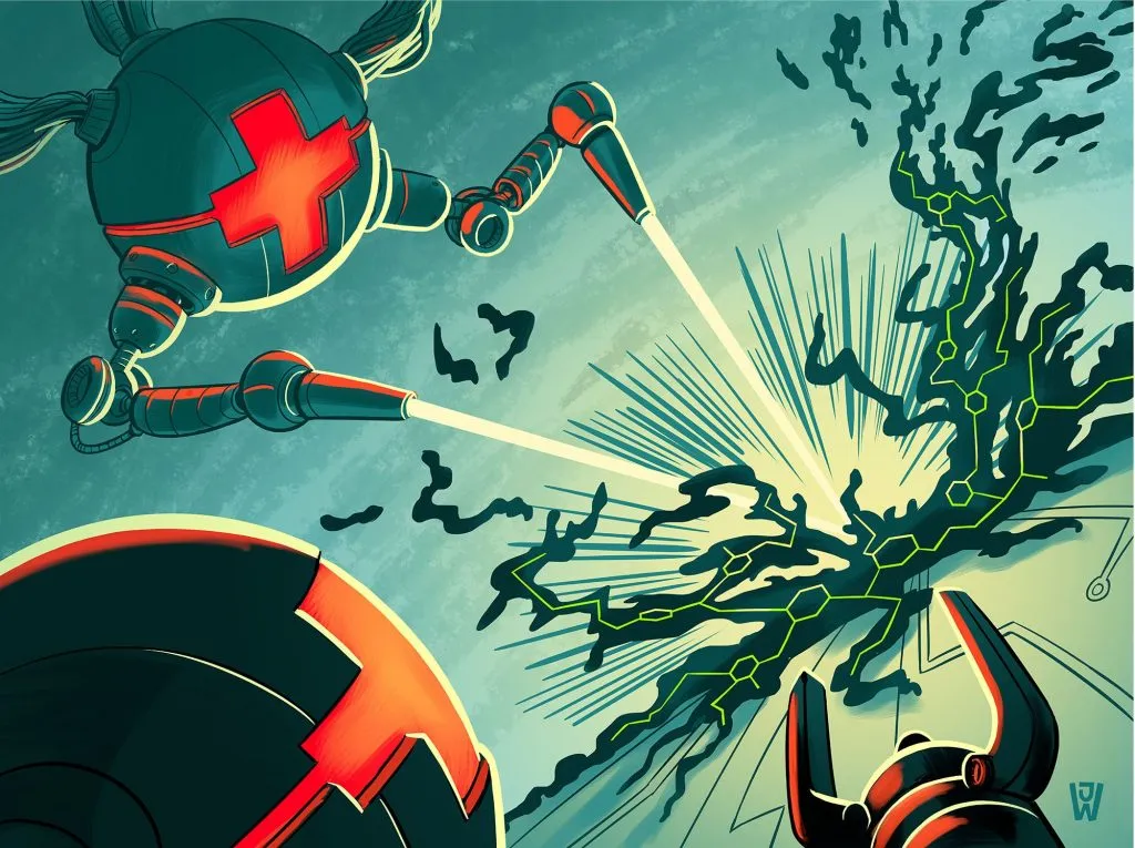 Illustration einer vernetzten digitalen Welt, die durch ein Schild vor Cyberangriffen geschützt wird