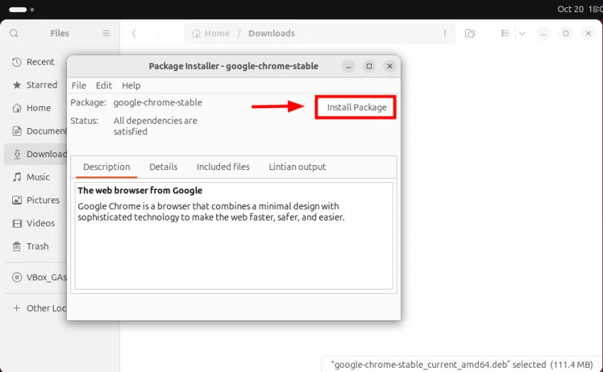 Installation des Google Chrome Pakets mit GDebi starten