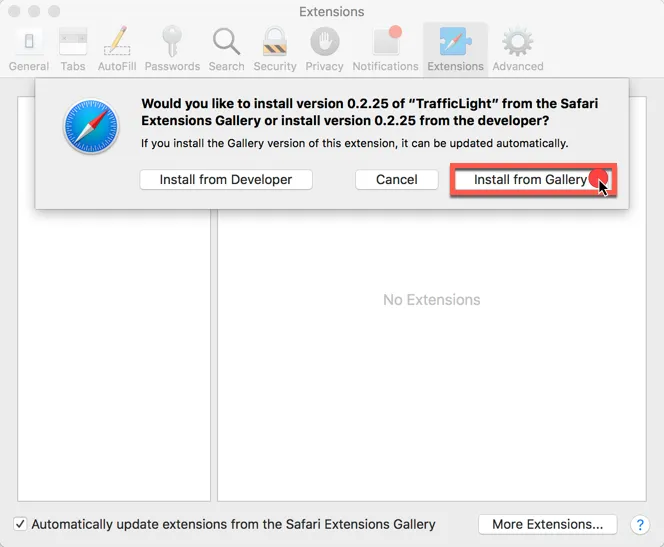 Installationsdialog für die Bitdefender TrafficLight Safari-Erweiterung aus der Galerie auf macOS Sierra und älteren Versionen