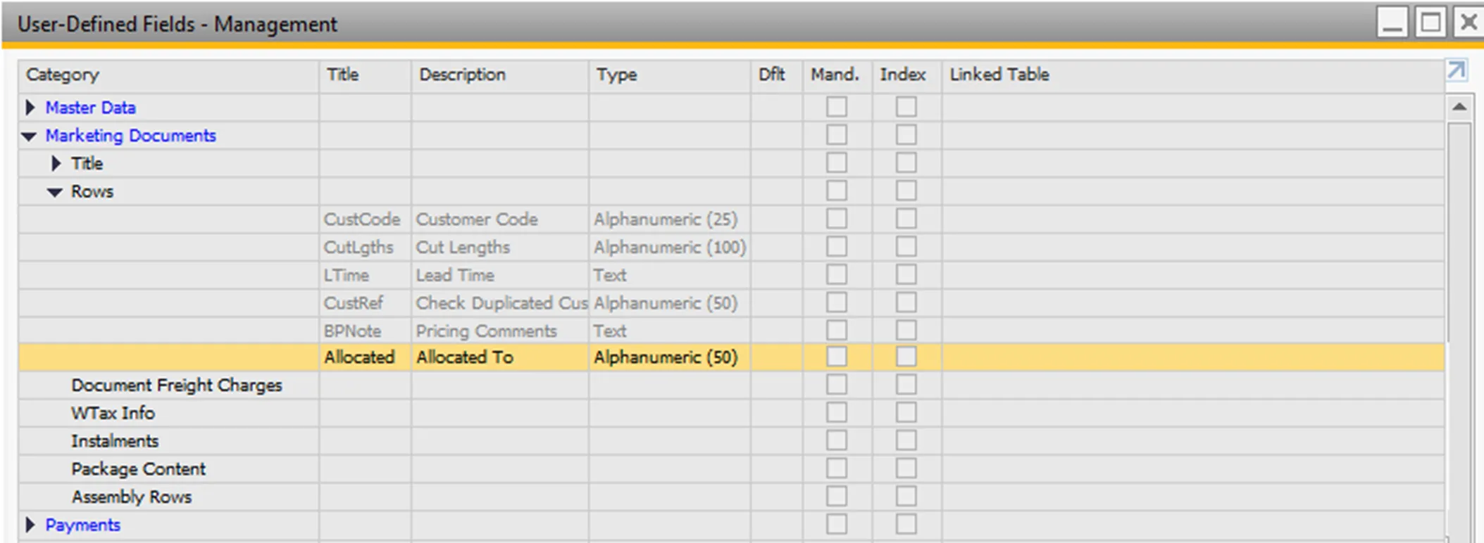 Integration eines UDFs in die Zeilen von Marketingbelegen