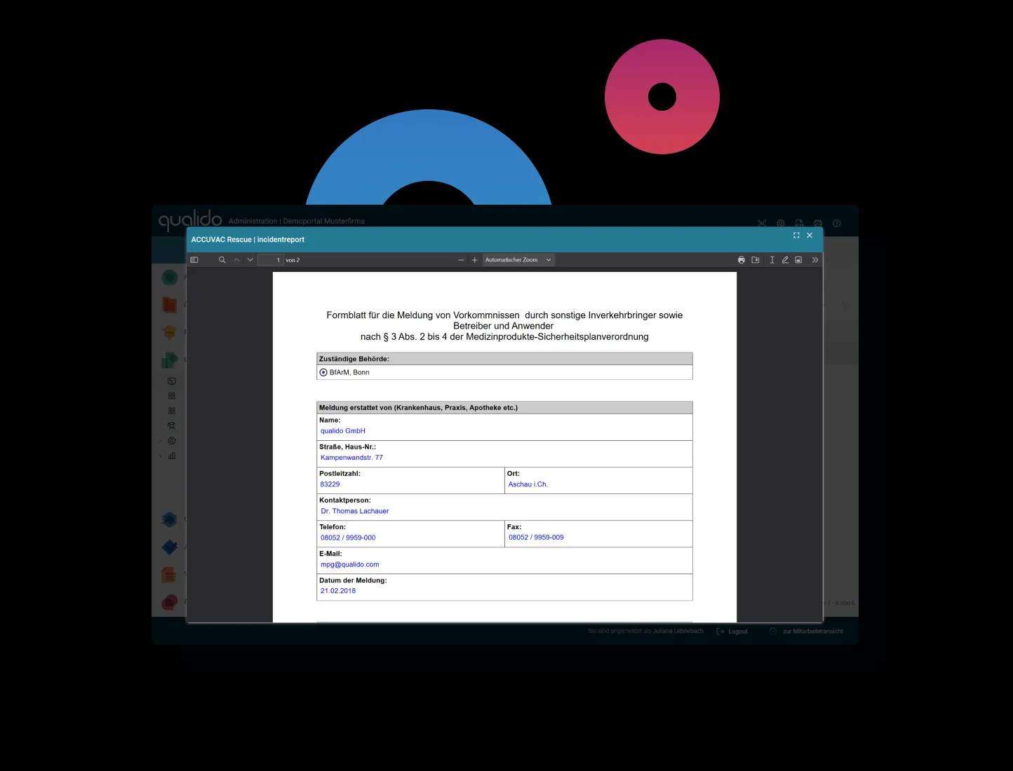 Integriertes BfArM-Meldeformular für Vorkommnisse mit Medizinprodukten in der Software