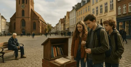 Jugendliche vor einem Bücherregal auf dem Südermarkt in Flensburg